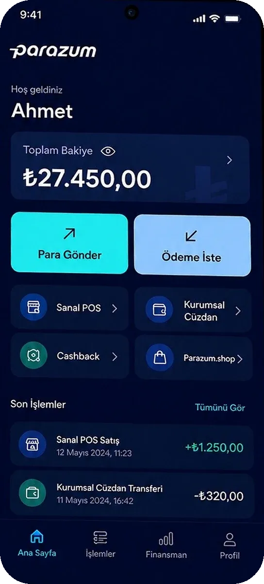Parazum uygulaması ana ekranı: toplam bakiye, Para Gönder, Ödeme İste, Sanal POS, Kurumsal Cüzdan, Cashback ve Parazum.shop